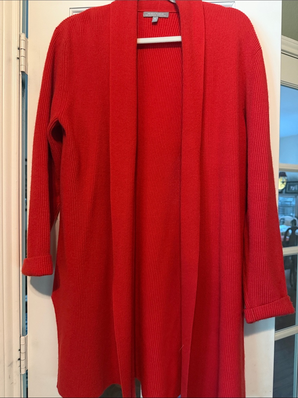 Neiman Marcus Red Ribbed Cashmere Open-Front Long Cardigan
